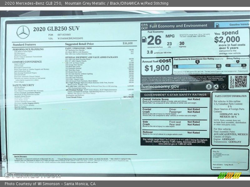 Mountain Grey Metallic / Black/DINAMICA w/Red Stitching 2020 Mercedes-Benz GLB 250
