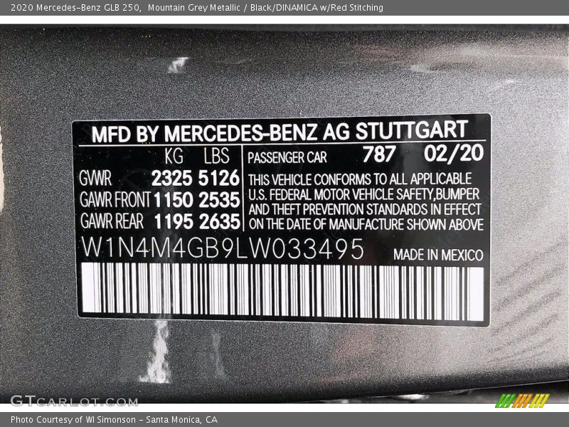 Mountain Grey Metallic / Black/DINAMICA w/Red Stitching 2020 Mercedes-Benz GLB 250
