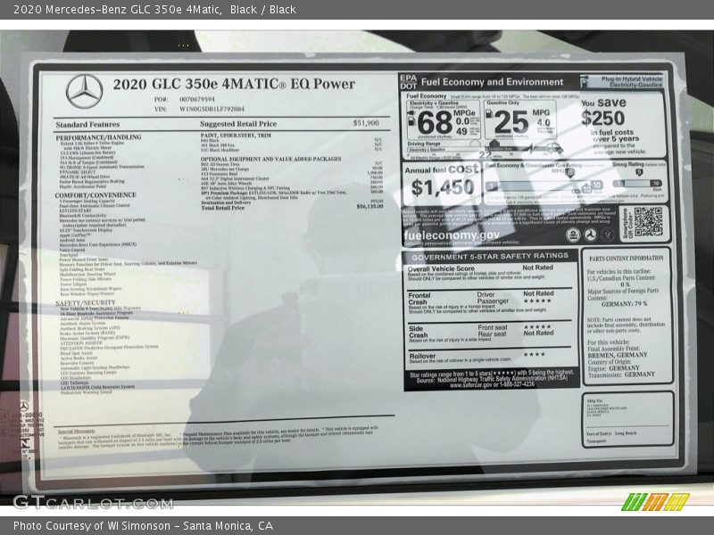  2020 GLC 350e 4Matic Window Sticker