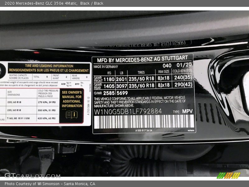 2020 GLC 350e 4Matic Black Color Code 040