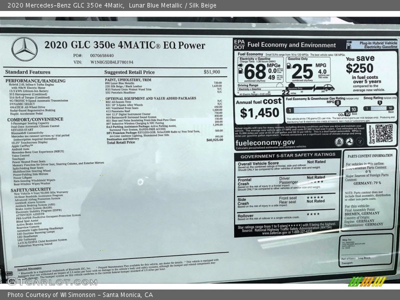  2020 GLC 350e 4Matic Window Sticker