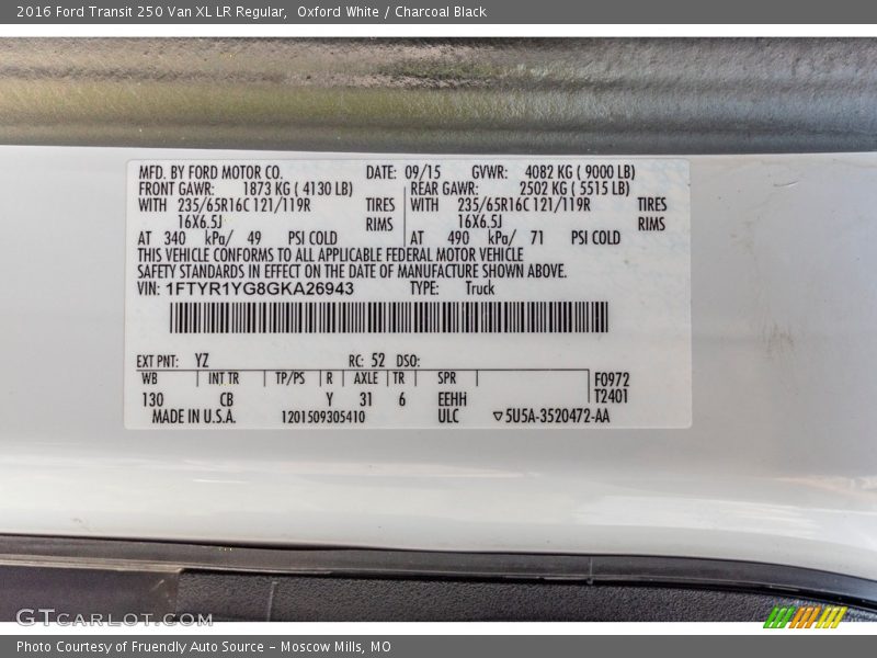 2016 Transit 250 Van XL LR Regular Oxford White Color Code YZ