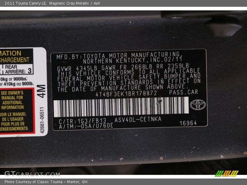 Magnetic Gray Metallic / Ash 2011 Toyota Camry LE