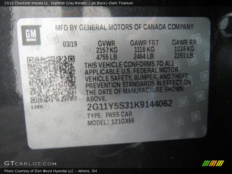 Nightfall Gray Metallic / Jet Black/­Dark Titanium 2019 Chevrolet Impala LS