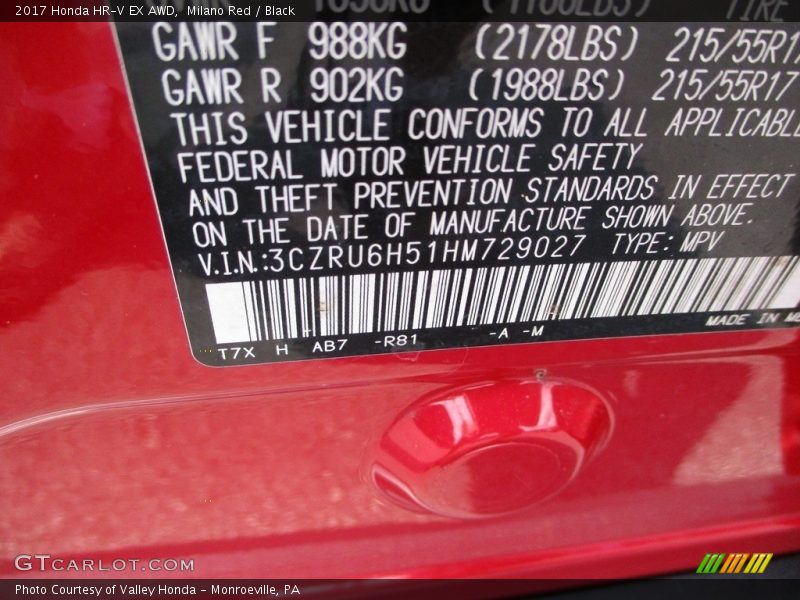 Milano Red / Black 2017 Honda HR-V EX AWD