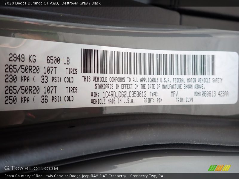 2020 Durango GT AWD Destroyer Gray Color Code PDN