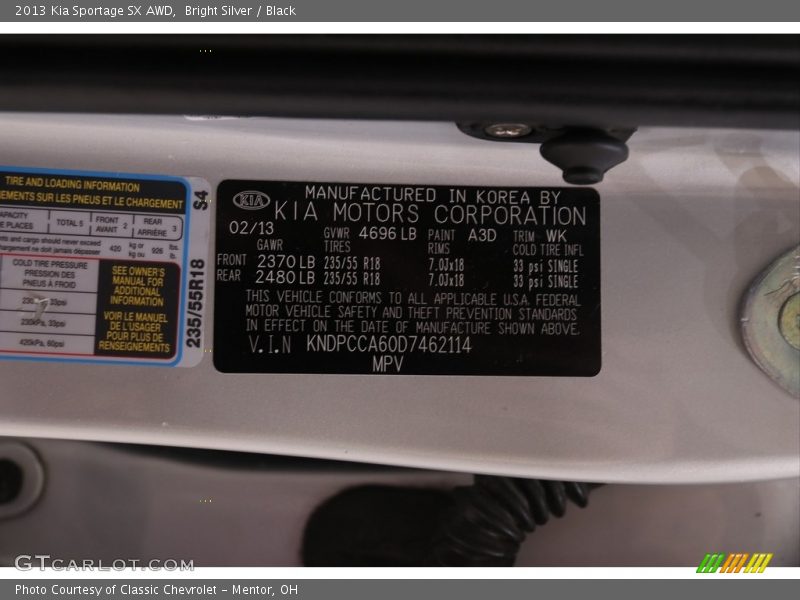 2013 Sportage SX AWD Bright Silver Color Code A3D