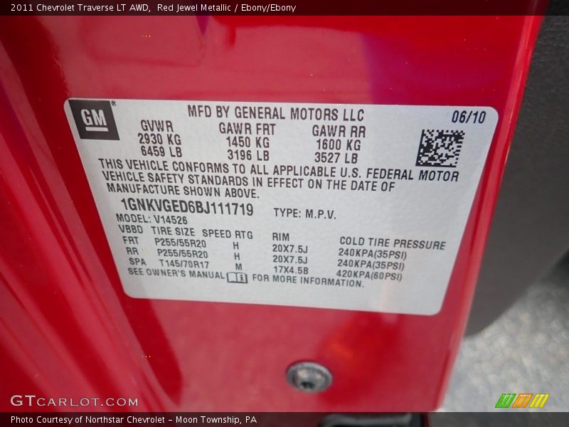 Red Jewel Metallic / Ebony/Ebony 2011 Chevrolet Traverse LT AWD