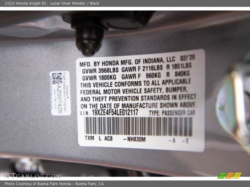 Lunar Silver Metallic / Black 2020 Honda Insight EX