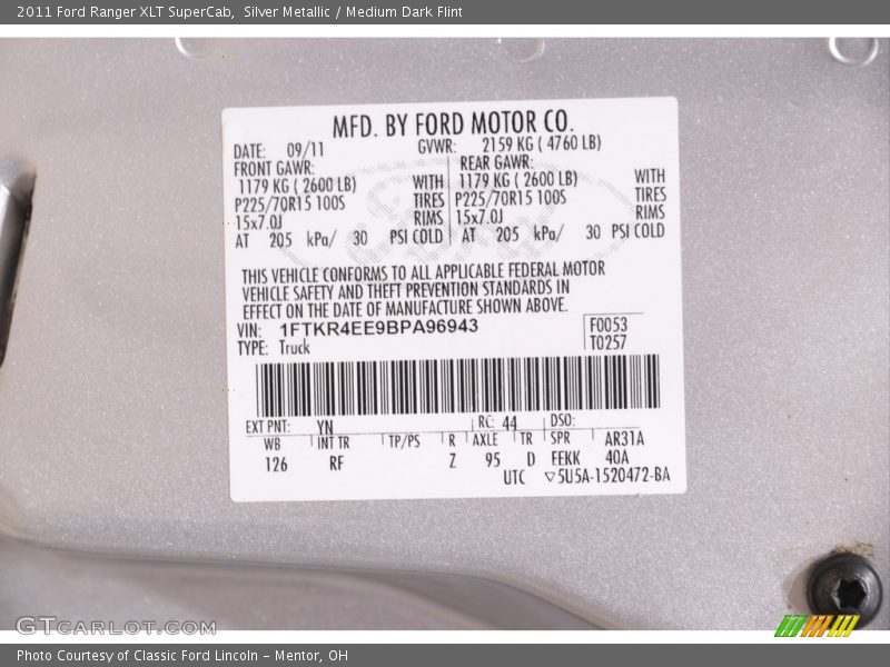 Silver Metallic / Medium Dark Flint 2011 Ford Ranger XLT SuperCab