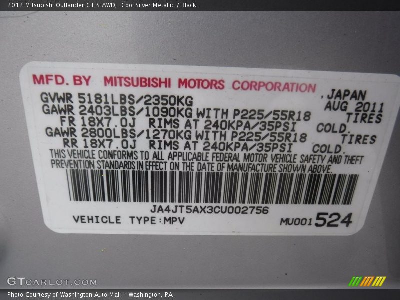 Cool Silver Metallic / Black 2012 Mitsubishi Outlander GT S AWD