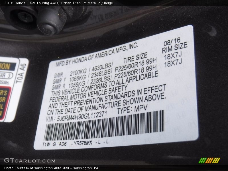 Urban Titanium Metallic / Beige 2016 Honda CR-V Touring AWD