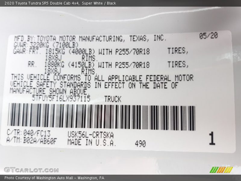 Super White / Black 2020 Toyota Tundra SR5 Double Cab 4x4