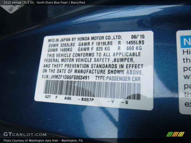 2015 CR-Z EX North Shore Blue Pearl Color Code BG57P