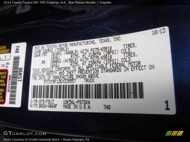 2014 Tundra SR5 TRD Crewmax 4x4 Blue Ribbon Metallic Color Code 8T5