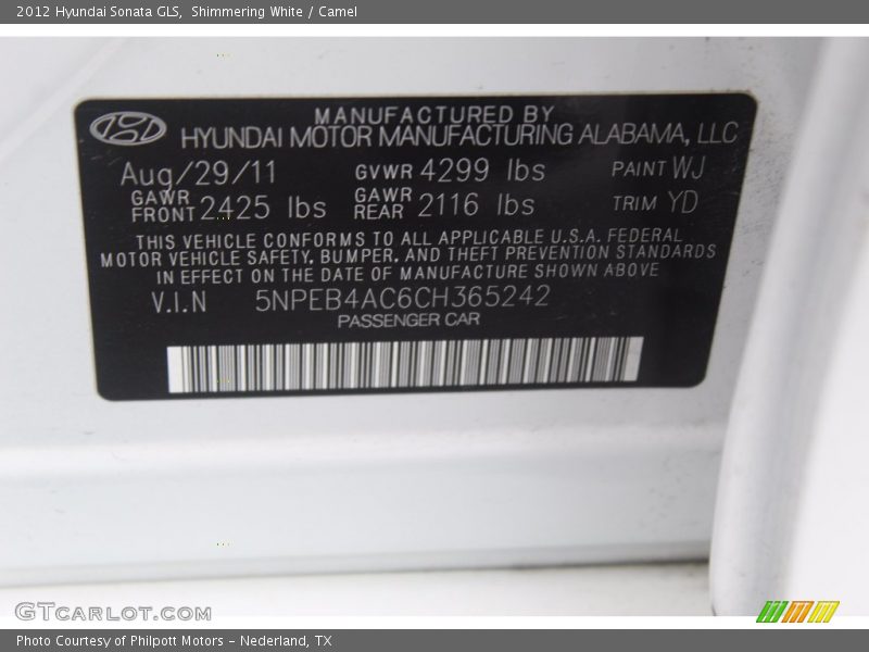 Shimmering White / Camel 2012 Hyundai Sonata GLS