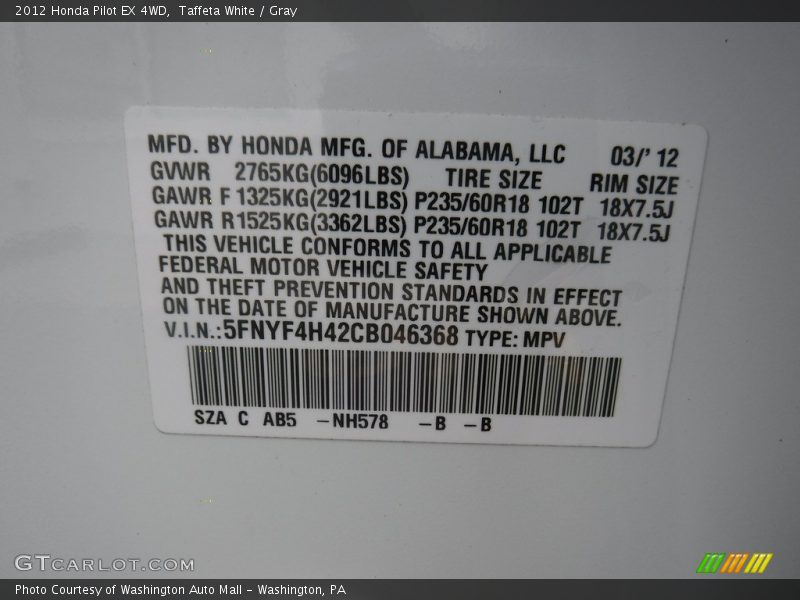 Taffeta White / Gray 2012 Honda Pilot EX 4WD