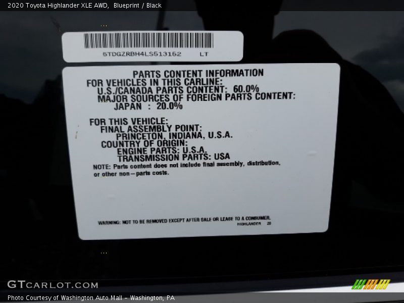 Blueprint / Black 2020 Toyota Highlander XLE AWD
