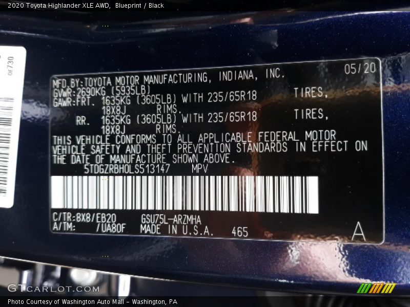 2020 Highlander XLE AWD Blueprint Color Code 8X8