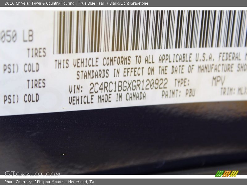 True Blue Pearl / Black/Light Graystone 2016 Chrysler Town & Country Touring