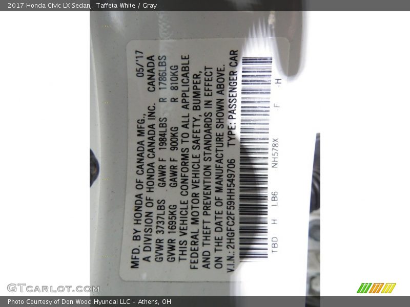 Taffeta White / Gray 2017 Honda Civic LX Sedan