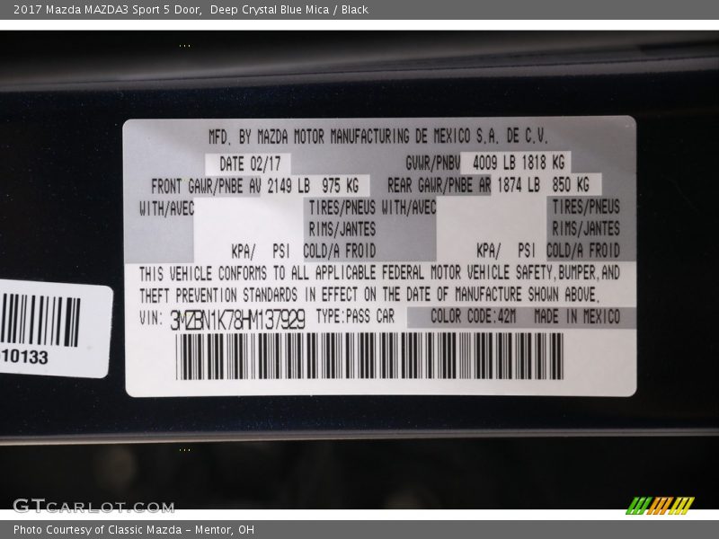 Deep Crystal Blue Mica / Black 2017 Mazda MAZDA3 Sport 5 Door