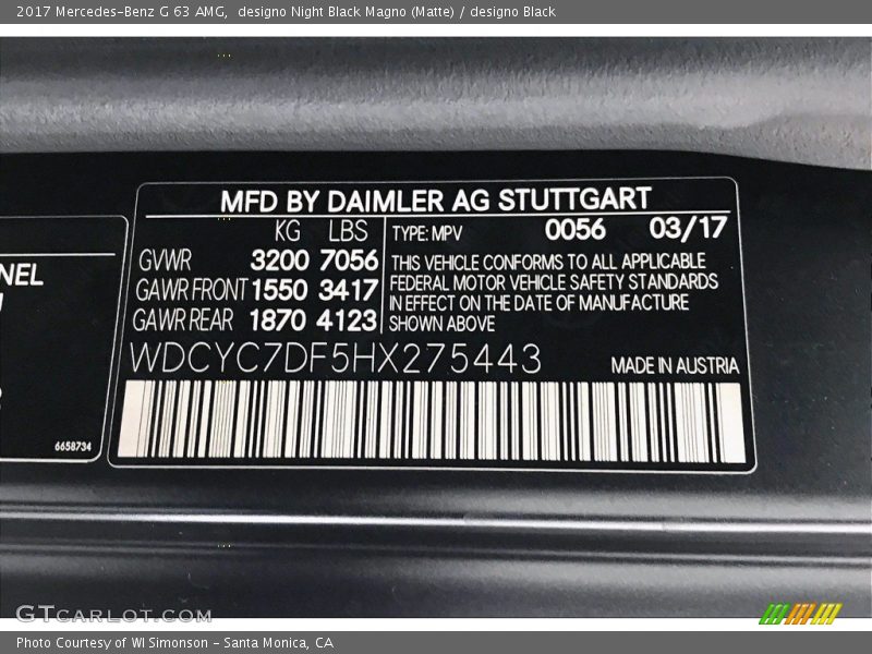 2017 G 63 AMG designo Night Black Magno (Matte) Color Code 0056
