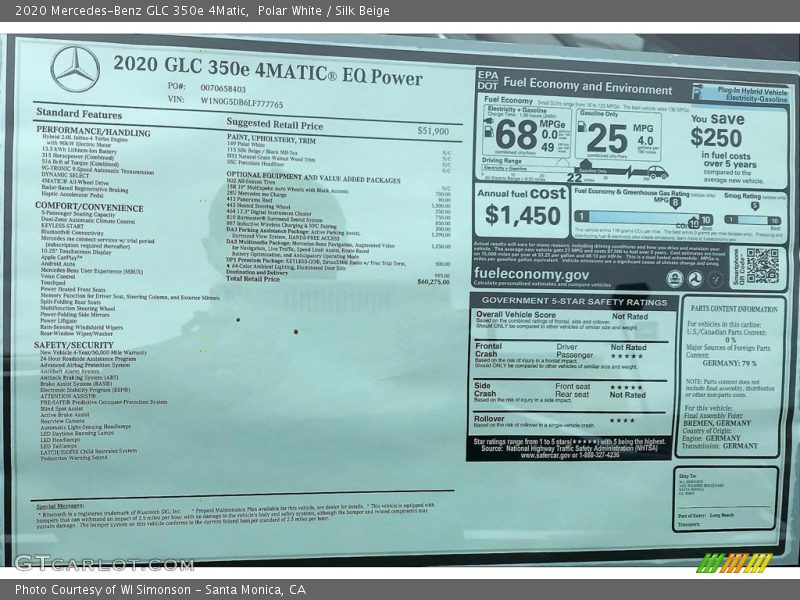  2020 GLC 350e 4Matic Window Sticker
