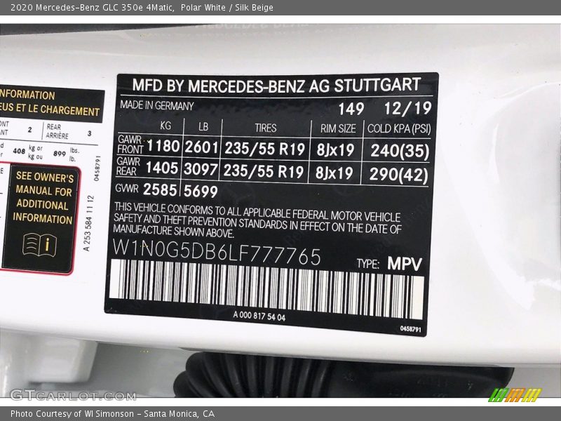 2020 GLC 350e 4Matic Polar White Color Code 149