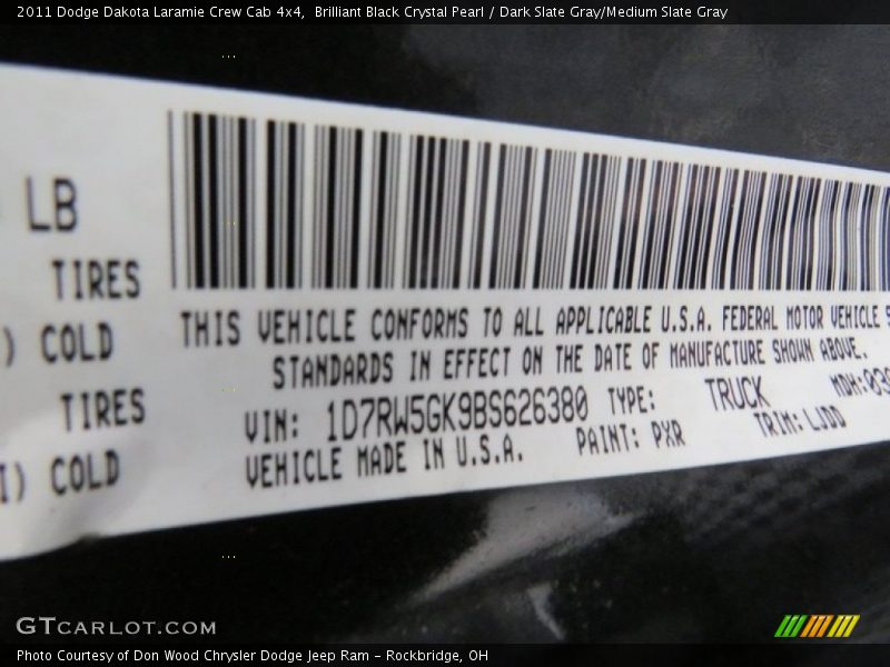 2011 Dakota Laramie Crew Cab 4x4 Brilliant Black Crystal Pearl Color Code PXR