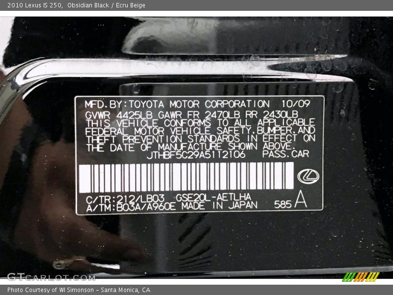 Obsidian Black / Ecru Beige 2010 Lexus IS 250