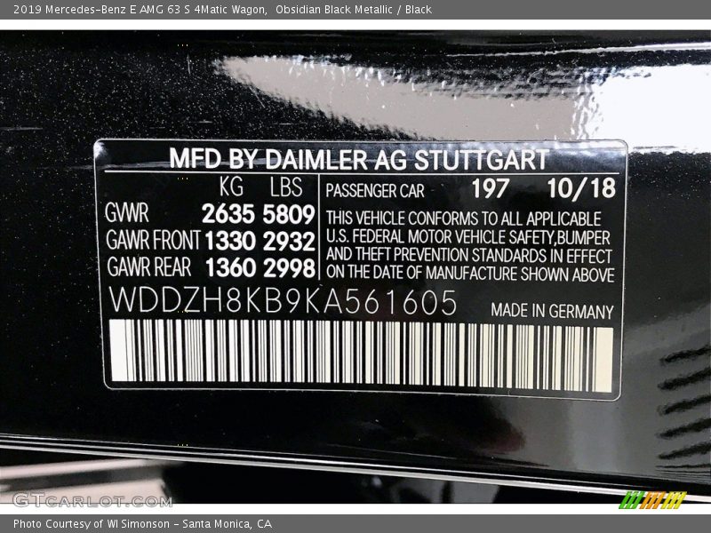 2019 E AMG 63 S 4Matic Wagon Obsidian Black Metallic Color Code 197