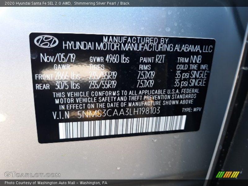 Shimmering Silver Pearl / Black 2020 Hyundai Santa Fe SEL 2.0 AWD