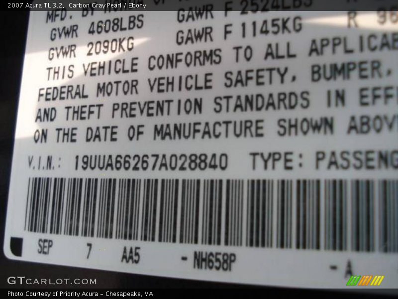 Carbon Gray Pearl / Ebony 2007 Acura TL 3.2