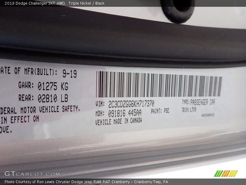 Triple Nickel / Black 2019 Dodge Challenger SXT AWD