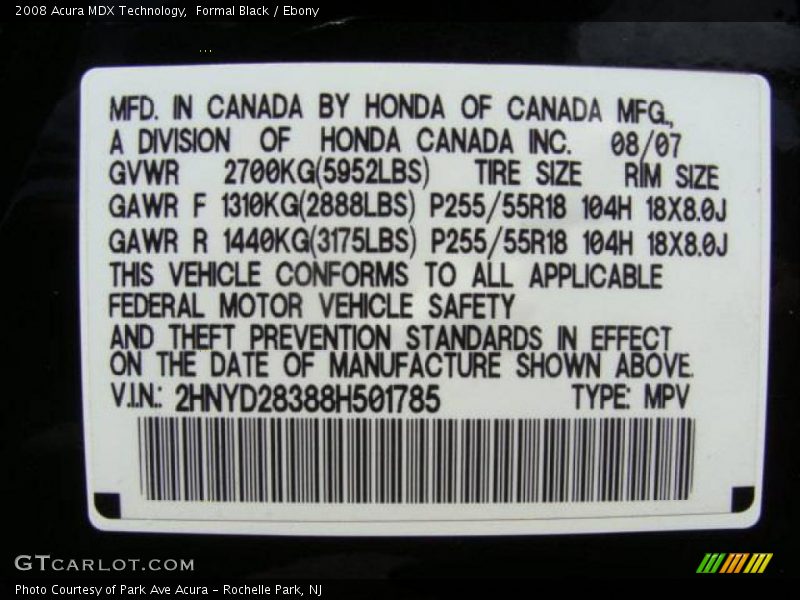 Formal Black / Ebony 2008 Acura MDX Technology