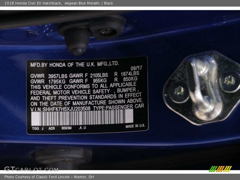 Aegean Blue Metallic / Black 2018 Honda Civic EX Hatchback