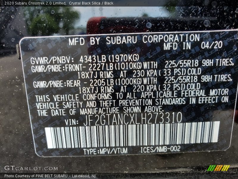 Crystal Black Silica / Black 2020 Subaru Crosstrek 2.0 Limited