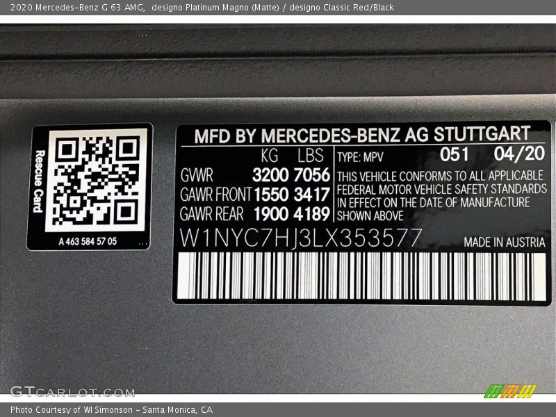 2020 G 63 AMG designo Platinum Magno (Matte) Color Code 051