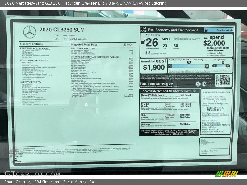 Mountain Grey Metallic / Black/DINAMICA w/Red Stitching 2020 Mercedes-Benz GLB 250