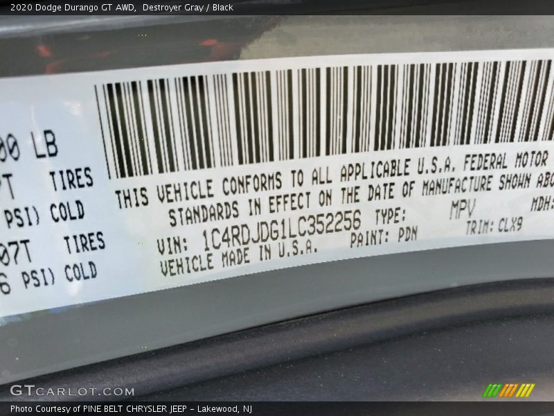 Destroyer Gray / Black 2020 Dodge Durango GT AWD