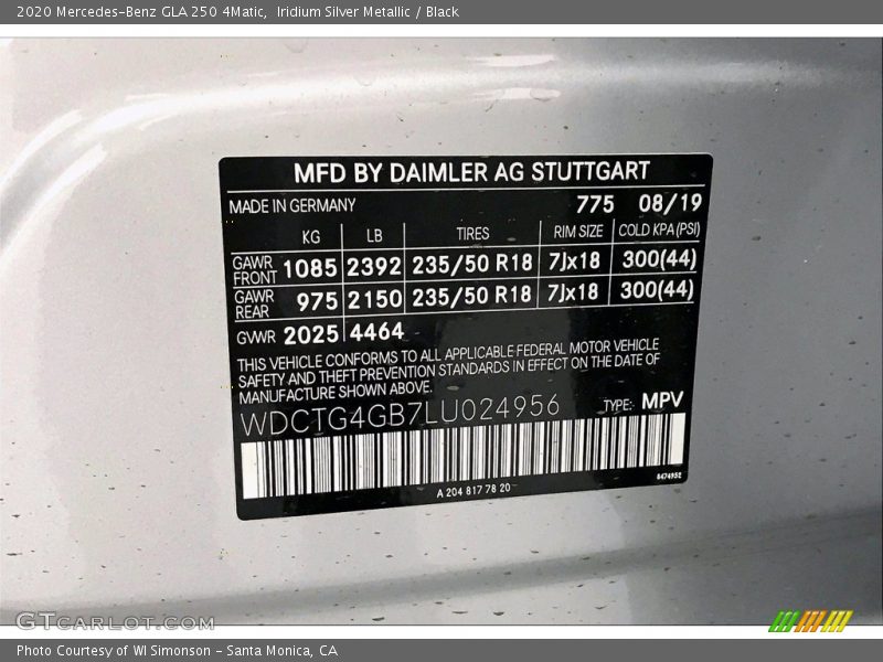 Iridium Silver Metallic / Black 2020 Mercedes-Benz GLA 250 4Matic