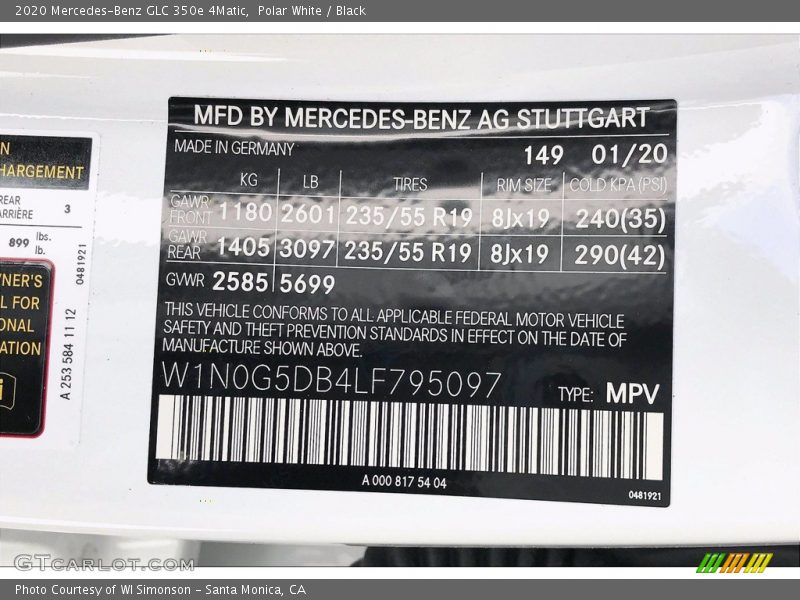 2020 GLC 350e 4Matic Polar White Color Code 149
