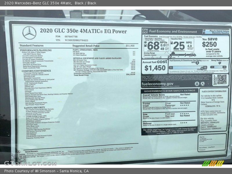  2020 GLC 350e 4Matic Window Sticker