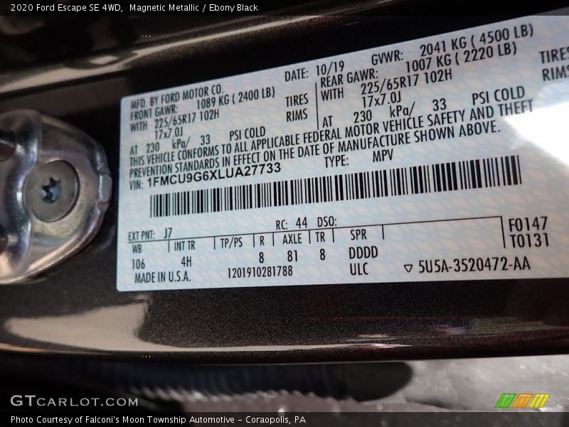 Magnetic Metallic / Ebony Black 2020 Ford Escape SE 4WD