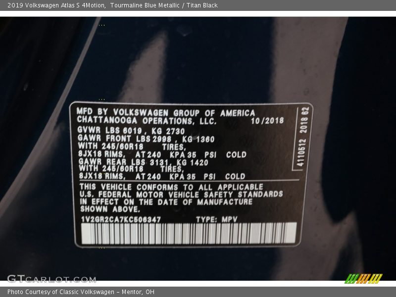 Tourmaline Blue Metallic / Titan Black 2019 Volkswagen Atlas S 4Motion