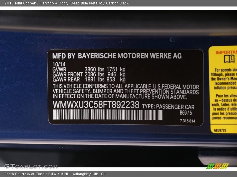 Deep Blue Metallic / Carbon Black 2015 Mini Cooper S Hardtop 4 Door