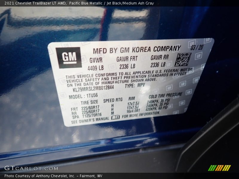 Pacific Blue Metallic / Jet Black/Medium Ash Gray 2021 Chevrolet TrailBlazer LT AWD