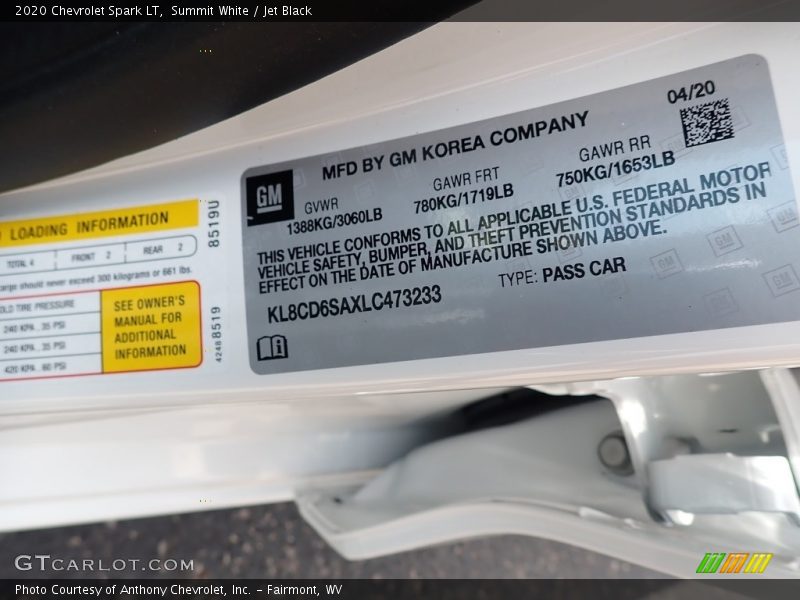 Summit White / Jet Black 2020 Chevrolet Spark LT