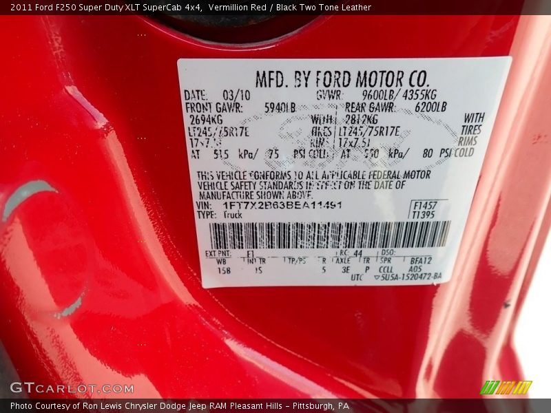 Vermillion Red / Black Two Tone Leather 2011 Ford F250 Super Duty XLT SuperCab 4x4